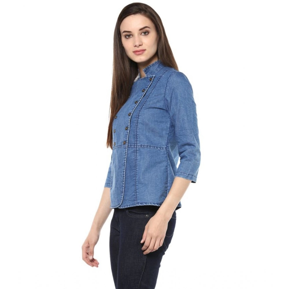 Clothiq Generic Denim Solid 3-4th Sleeves Regular Top (Blue)