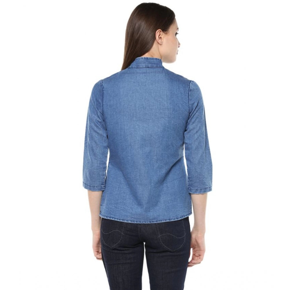 Clothiq Generic Denim Solid 3-4th Sleeves Regular Top (Blue)