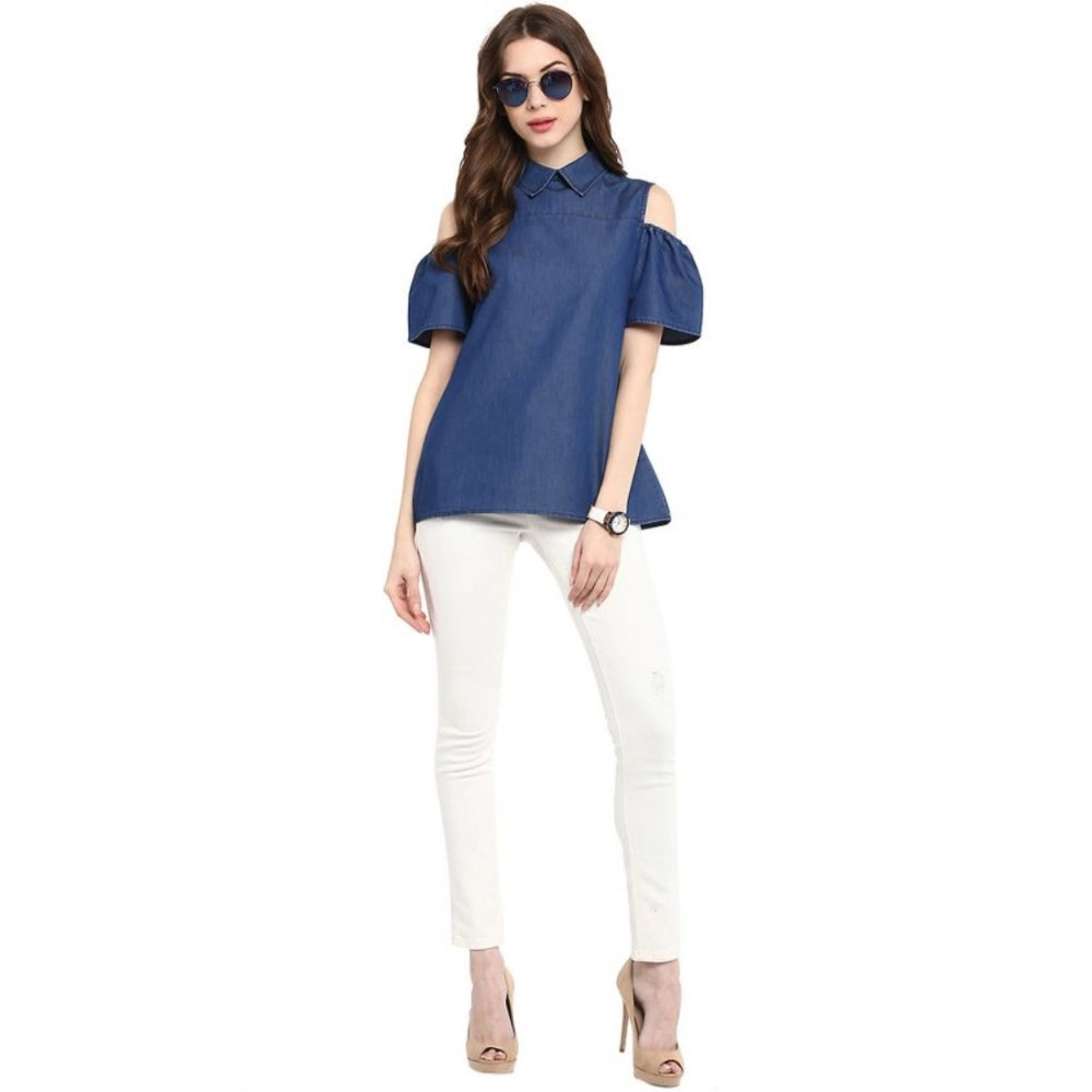 Clothiq Generic Denim Solid Cold Shoulder Regular Top (Blue)