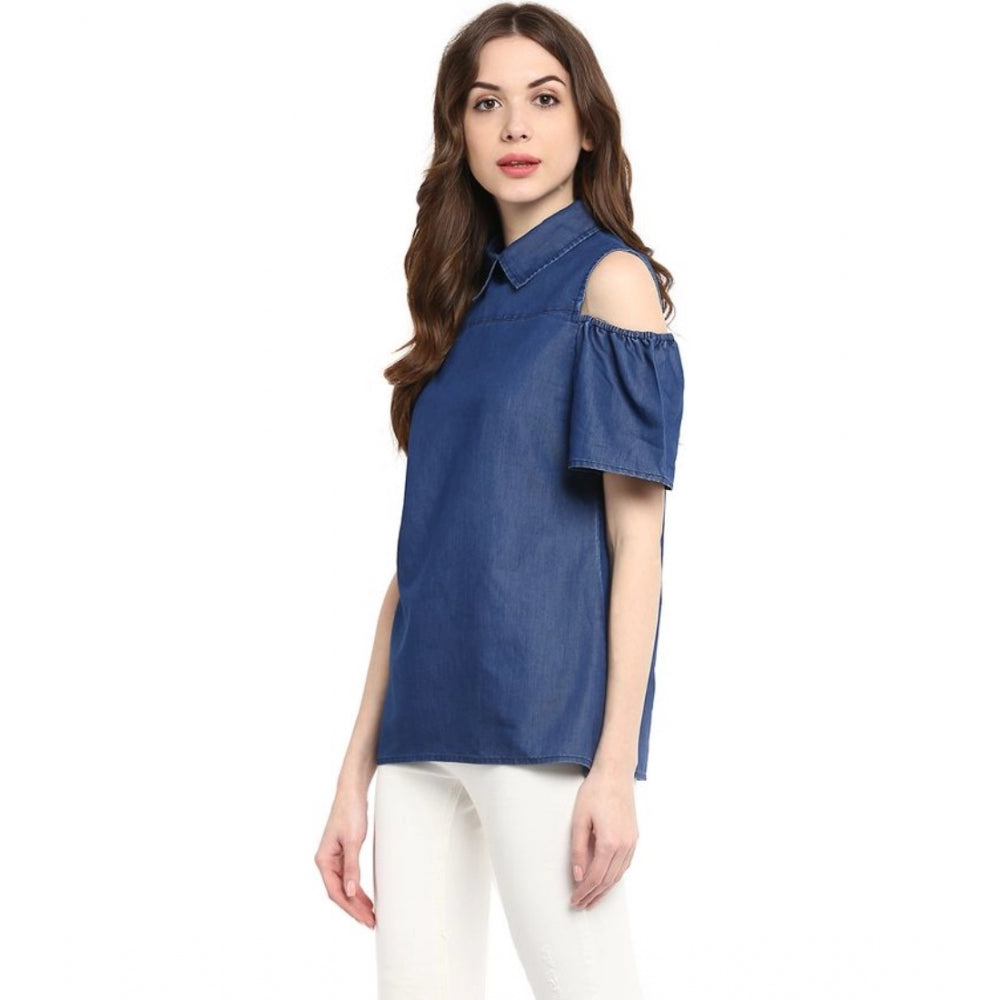 Clothiq Generic Denim Solid Cold Shoulder Regular Top (Blue)