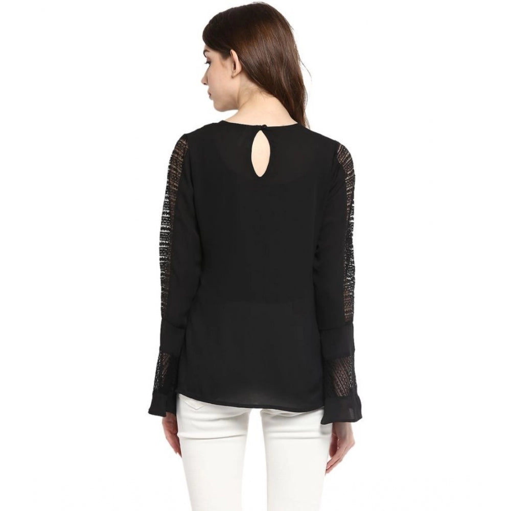 Clothiq Generic Polyester Georgette Self Design Bell Sleeve Regular Top (Black)
