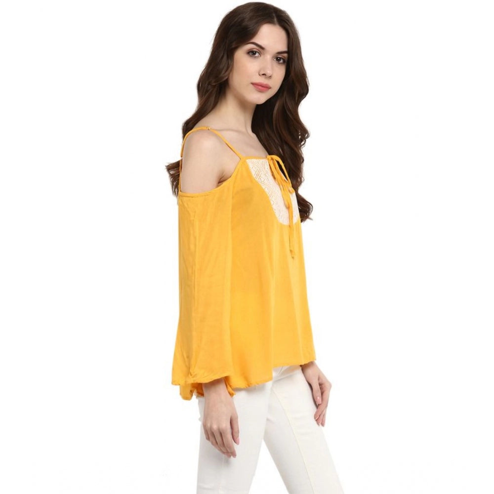 Clothiq Generic Rayon Embellished Cold Shoulder Regular Top (Mustard Yellow)