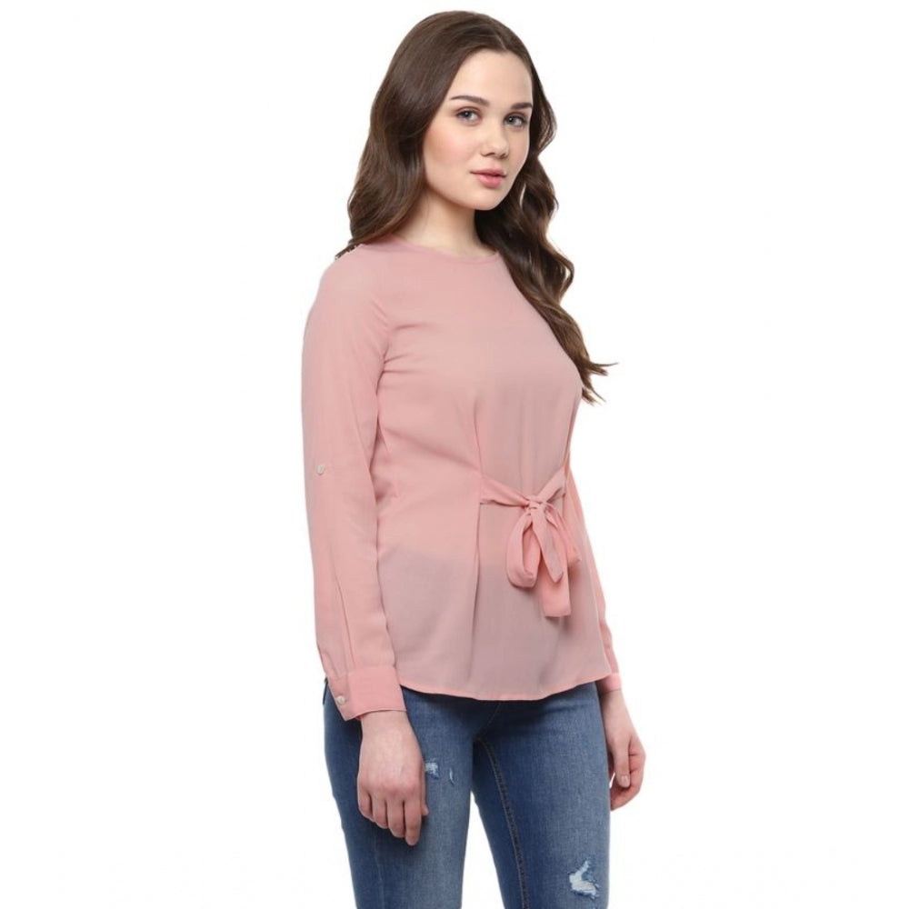 Clothiq Generic Polyester Solid Long Sleeves Regular Top (Pink)