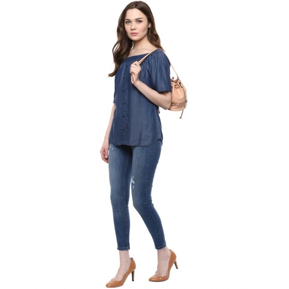 Clothiq Generic Denim Solid Short Sleeve Regular Top (Blue)