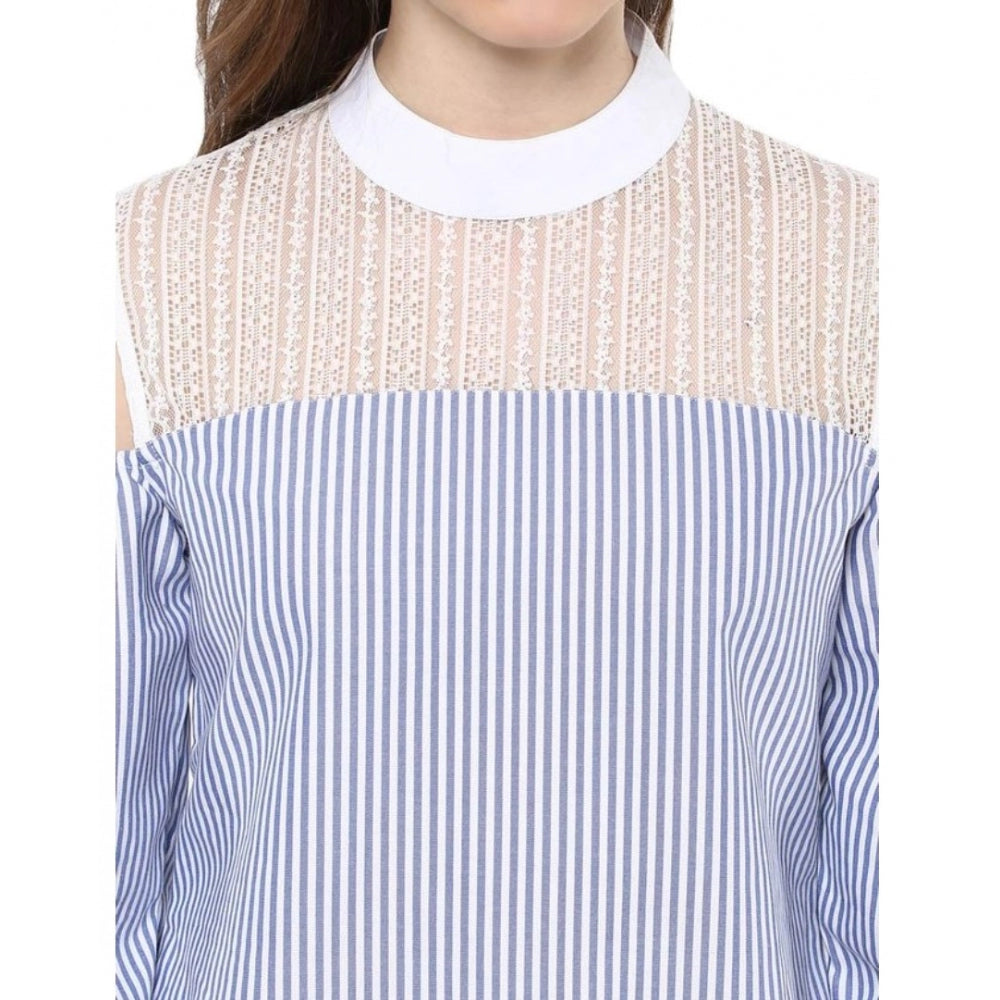 Clothiq Generic Cotton Striped Cold Shoulder Top (Blue)