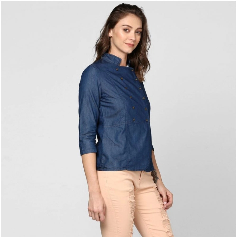 Clothiq Generic Denim Solid 3-4th Sleeves Top (Blue)