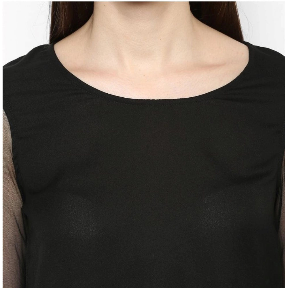 Clothiq Generic Polyester Solid Tier Sleeve Top (Black)