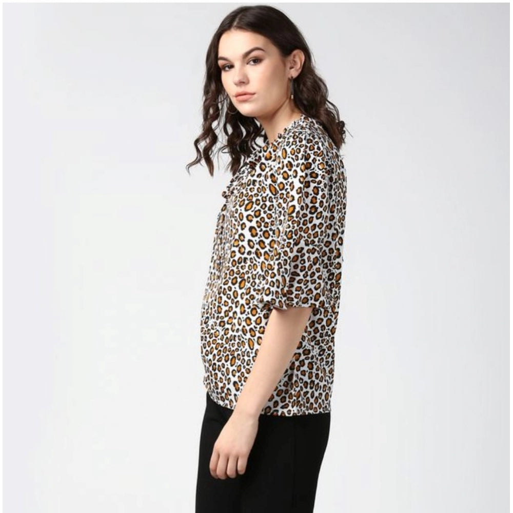 Clothiq Generic Polyester Animal Print Bell Sleeve Top (Orange - Black)