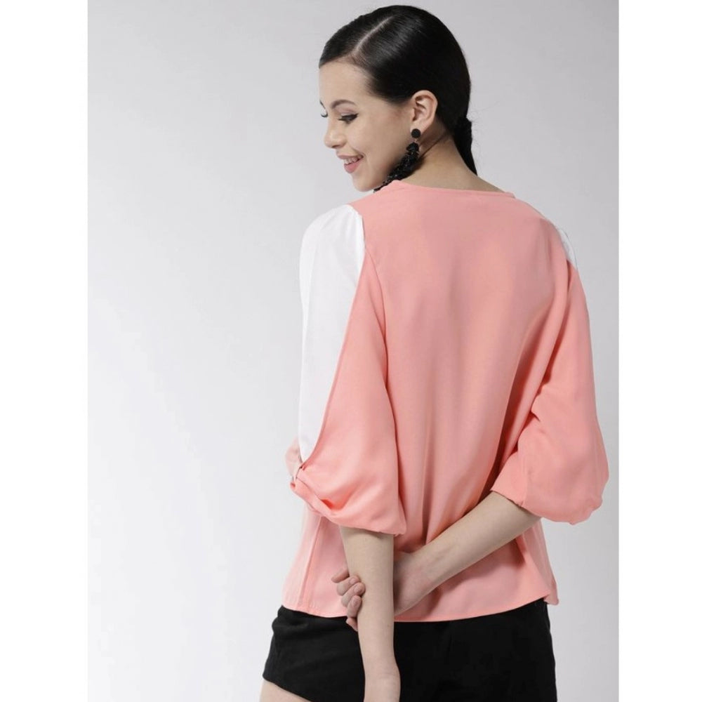 Clothiq Generic Polyester Colour Block Slit Sleeve Top (Pink)