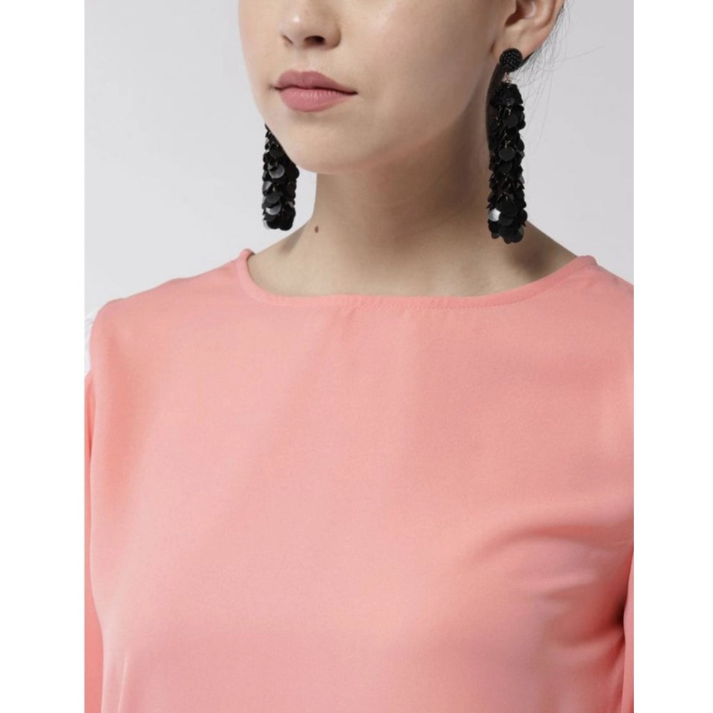 Clothiq Generic Polyester Colour Block Slit Sleeve Top (Pink)
