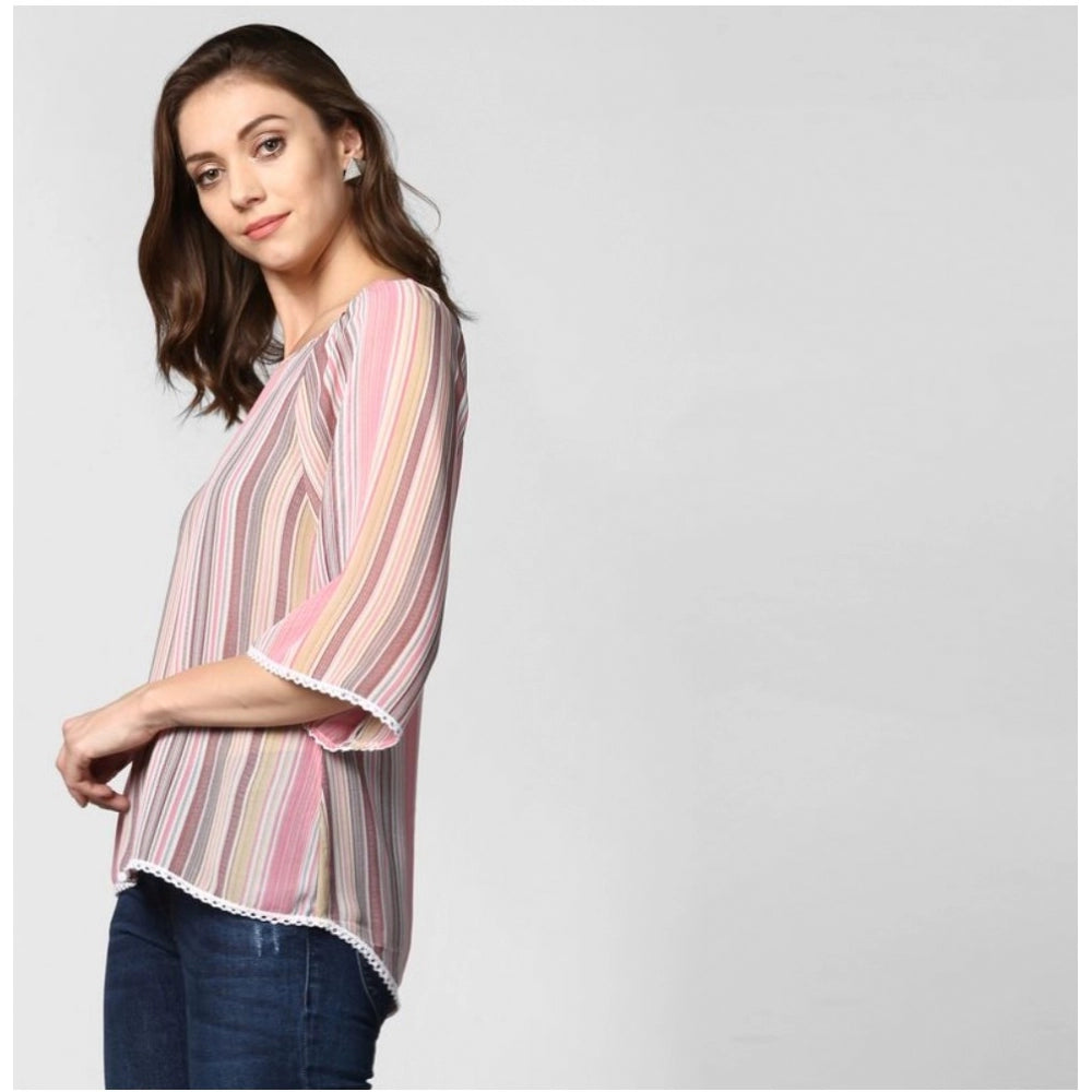 Clothiq Generic Polyester Striped 3-4th Sleeves Top (Pink)