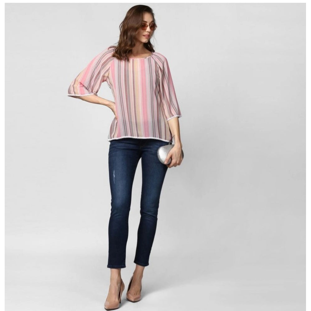 Clothiq Generic Polyester Striped 3-4th Sleeves Top (Pink)