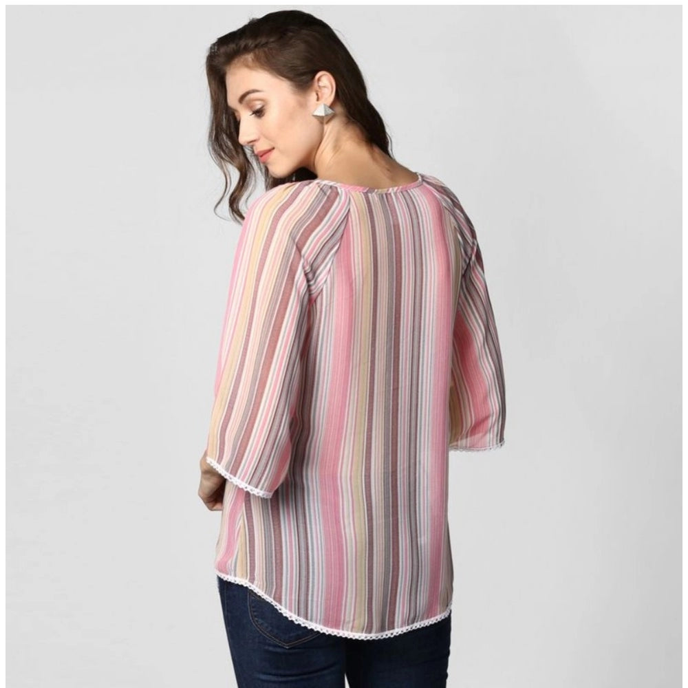 Clothiq Generic Polyester Striped 3-4th Sleeves Top (Pink)