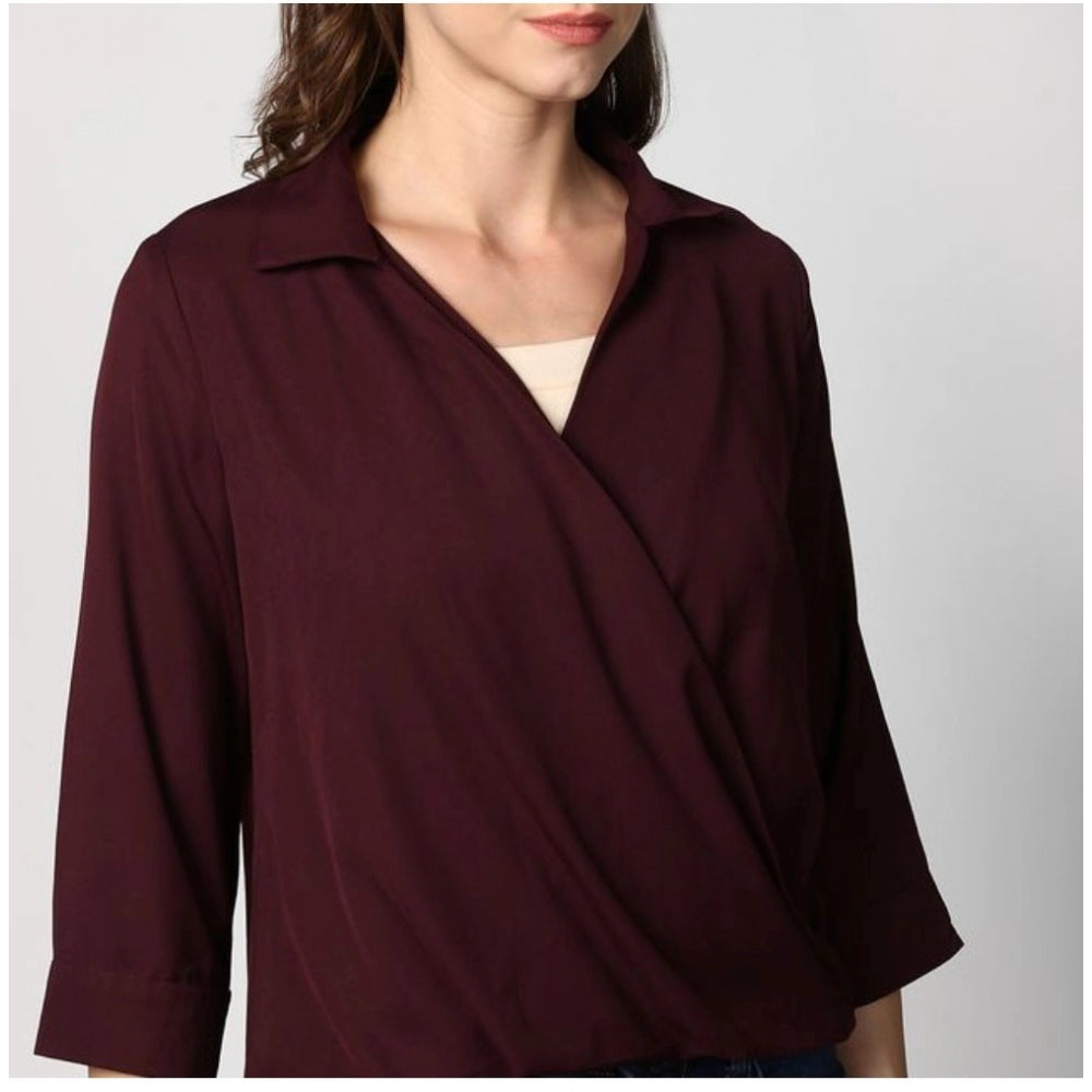 Clothiq Generic Polyester Solid 3-4th Sleeves Top (Maroon)