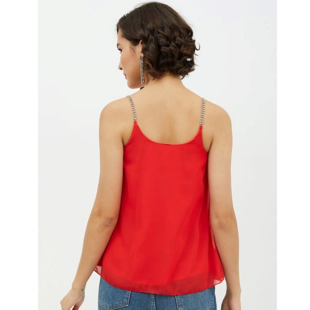 Clothiq Generic Polyester Embellished Shoulder Straps Top (Red)
