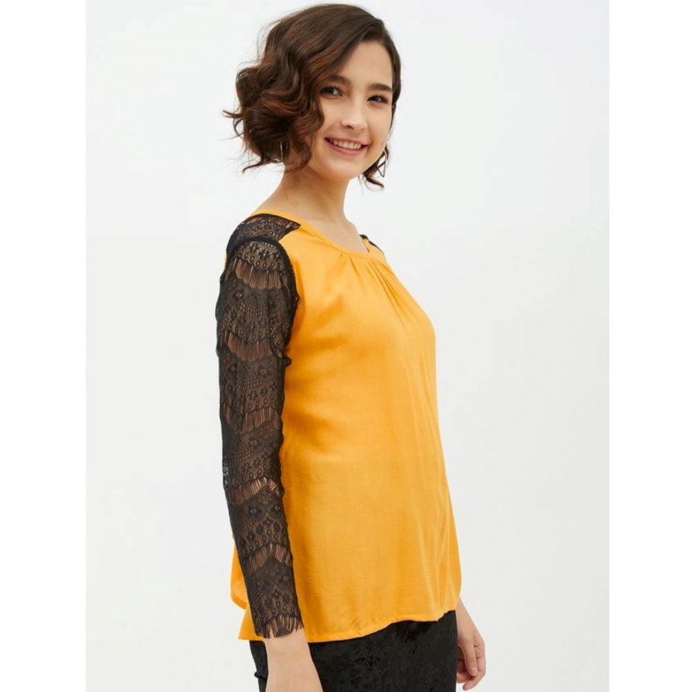 Clothiq Generic Rayon Lace Inserts Long Sleeves Top (Yellow)