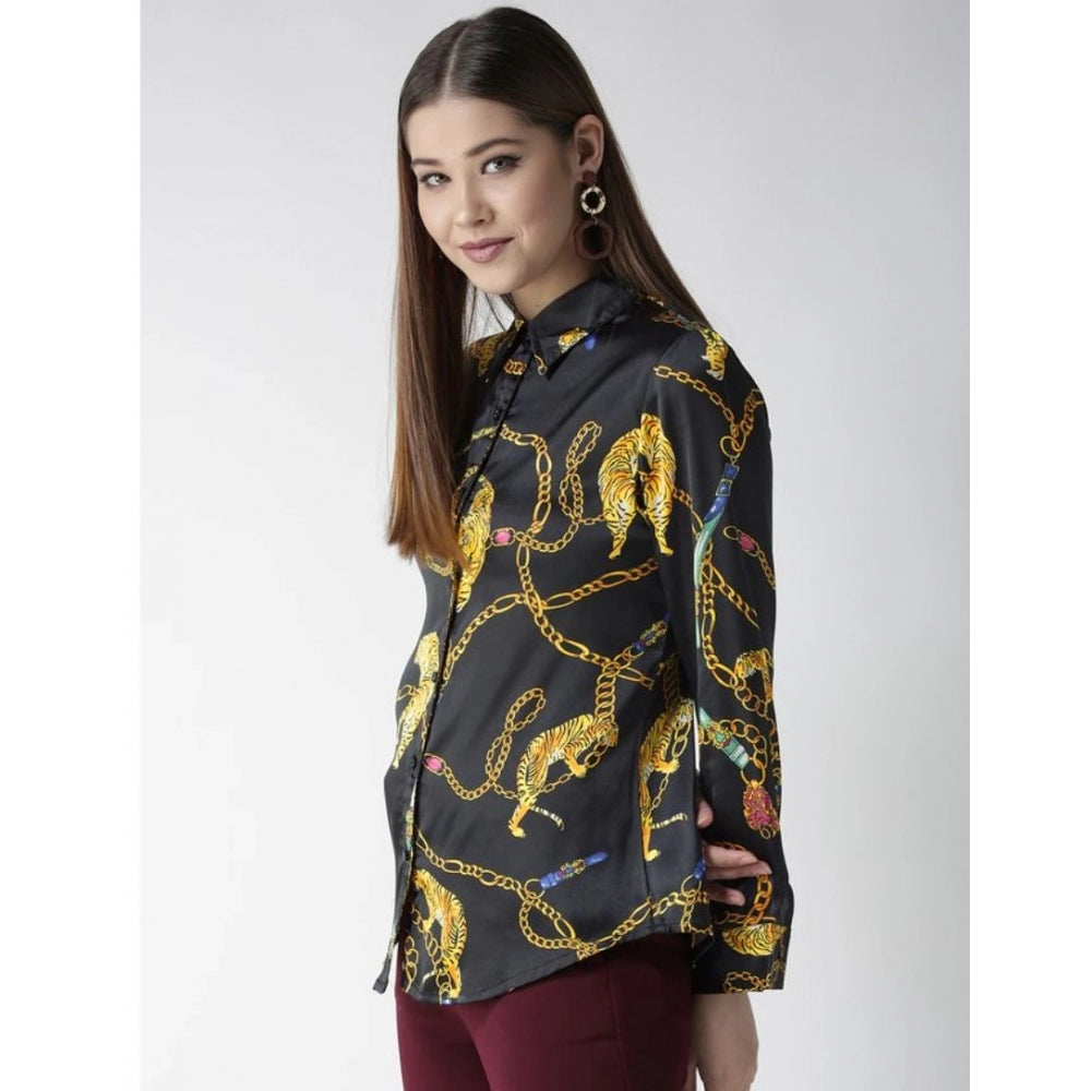 Clothiq Generic Satin Printed Long Sleeves Standard Length Shirt (Black - Gold)