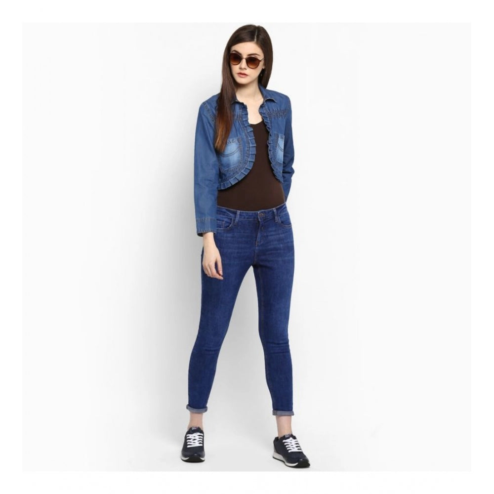 Clothiq Generic Denim Pleated 3-4th Sleeves Shrug (Blue)