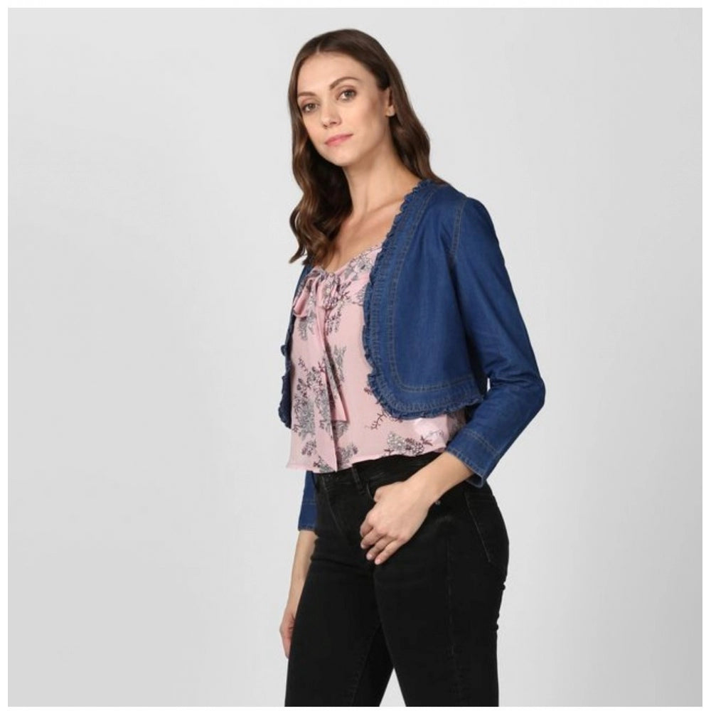 Clothiq Generic Denim Ruffled Long Sleeves Shrug (Navy Blue)