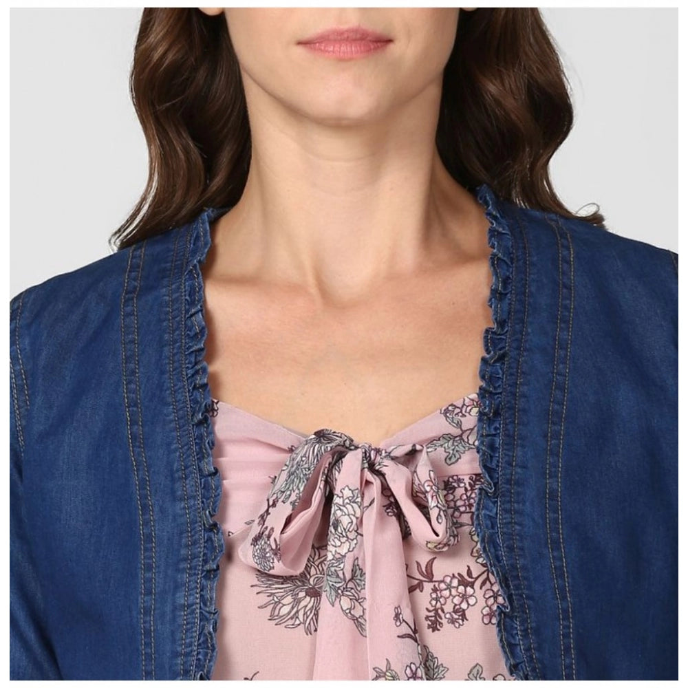Clothiq Generic Denim Ruffled Long Sleeves Shrug (Navy Blue)