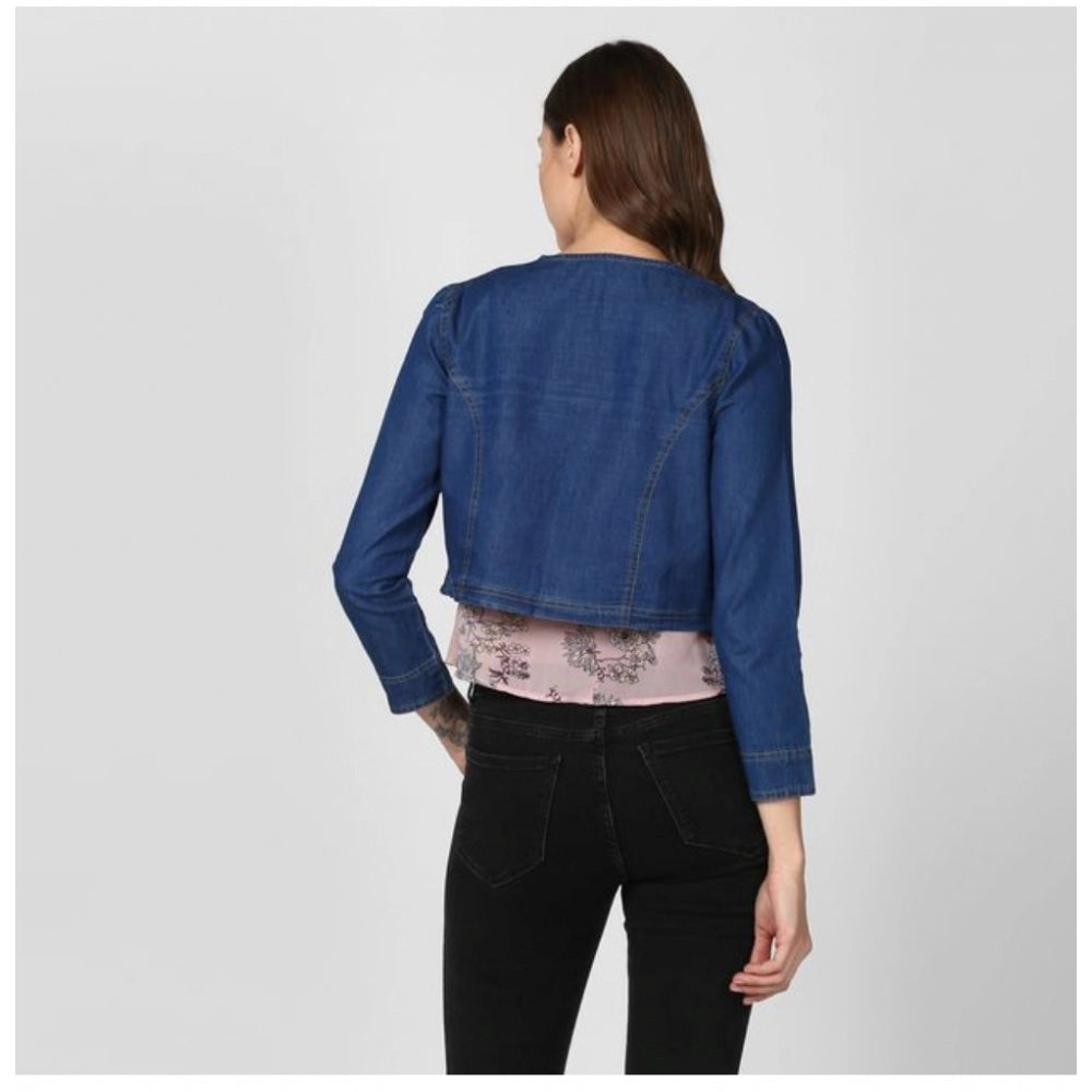 Clothiq Generic Denim Ruffled Long Sleeves Shrug (Navy Blue)