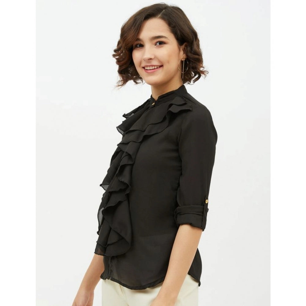 Clothiq Generic Polyester Ruffled Long Sleeves Standard Length Shirt (Black)