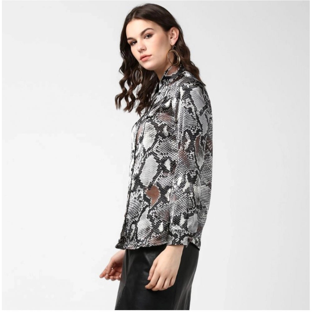 Clothiq Generic Satin Animal Print Long Sleeves Standard Length Shirt (Black - Grey)