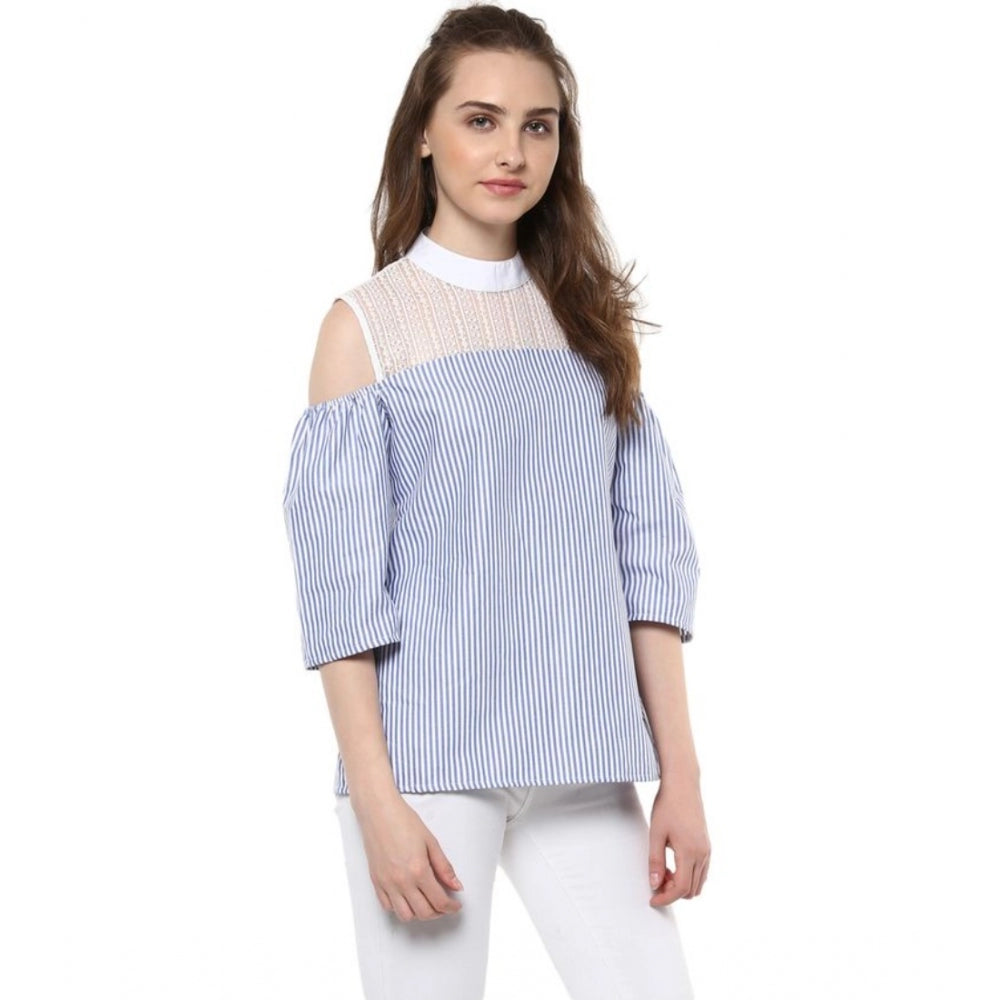 Clothiq Generic Cotton Striped Cold Shoulder Top (Blue)