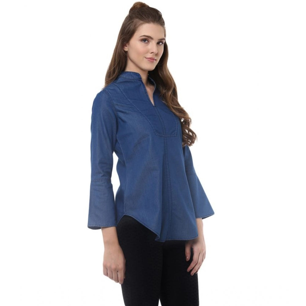 Clothiq Generic Denim Solid Bell Sleeve Regular Top (Blue Denim)