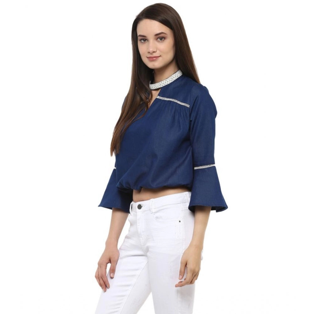 Clothiq Generic Polyester Solid Bell Sleeve Regular Top (Blue)