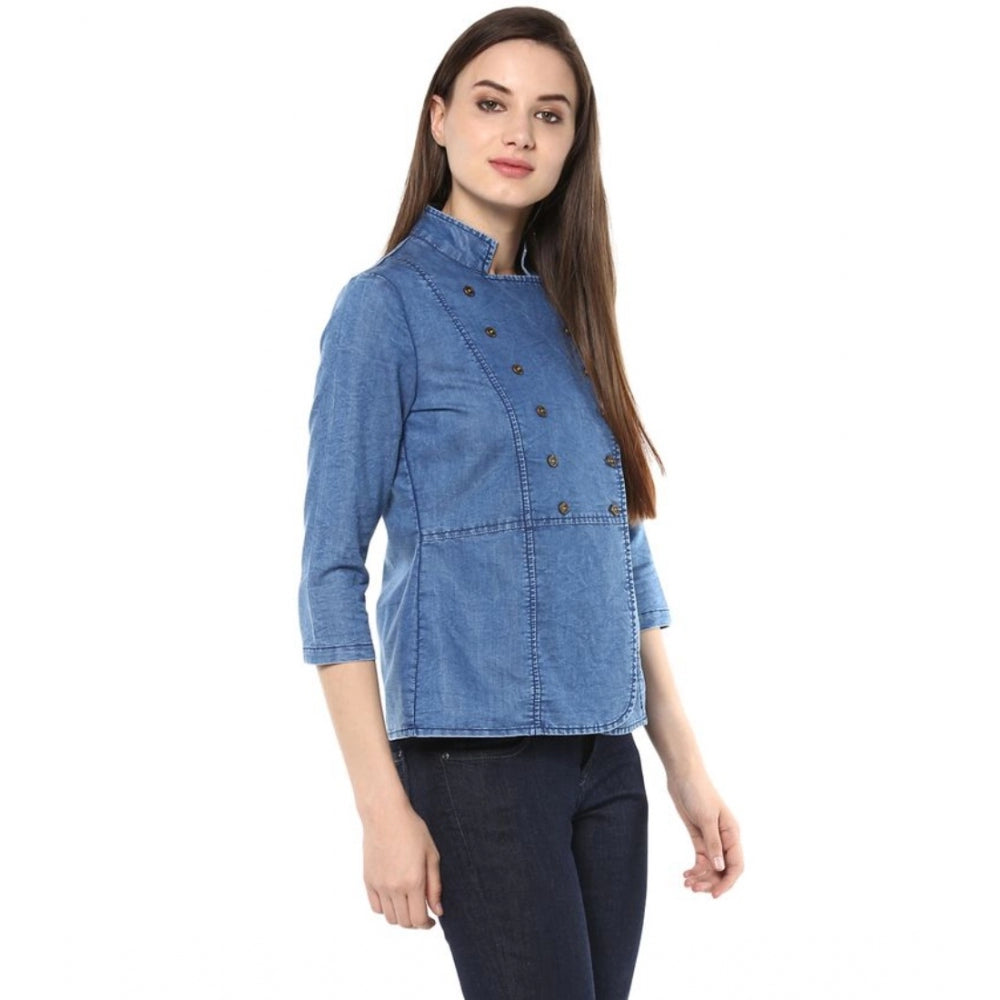 Clothiq Generic Denim Solid 3-4th Sleeves Regular Top (Blue)