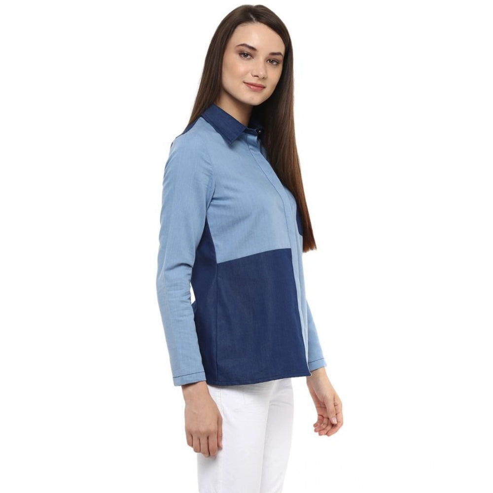 Clothiq Generic Denim Patch Work Long Sleeves Regular Top (Blue)