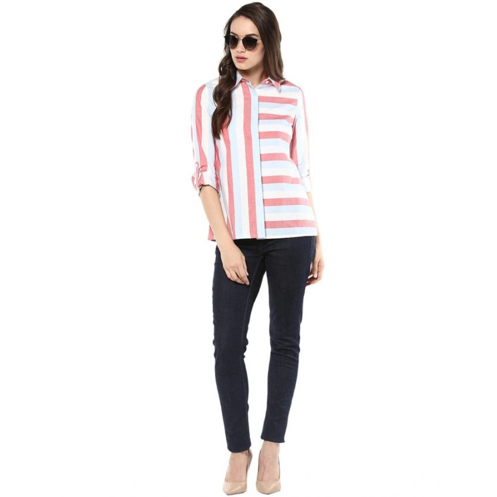 Clothiq Generic Cotton Striped Roll Up Sleeve Regular Top (Red)