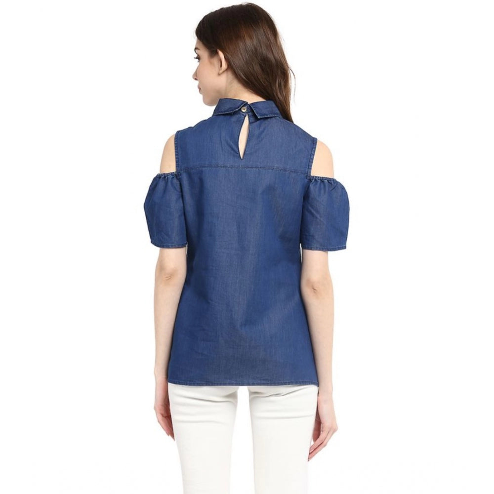 Clothiq Generic Denim Solid Cold Shoulder Regular Top (Blue)