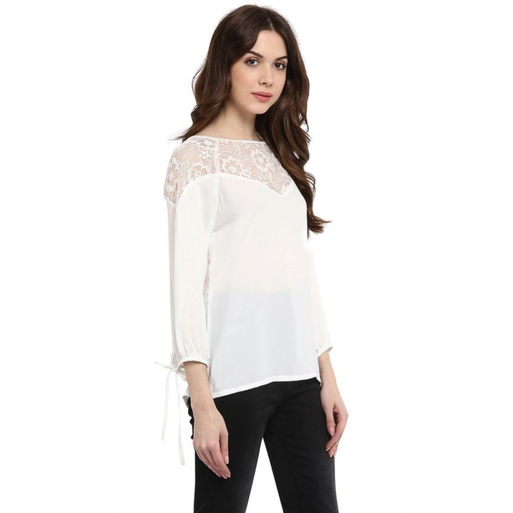 Clothiq Generic Polyester Georgette Self Design 3-4th Sleeves Regular Top (White)