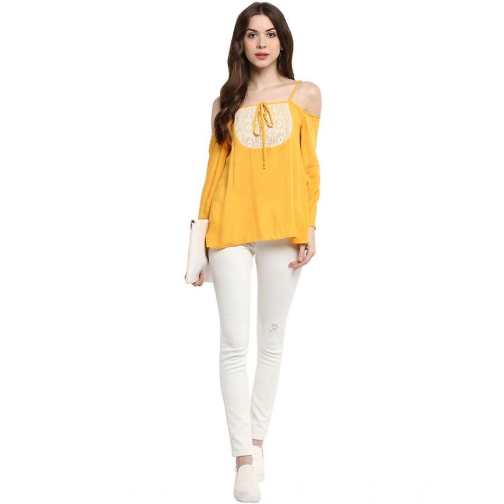 Clothiq Generic Rayon Embellished Cold Shoulder Regular Top (Mustard Yellow)
