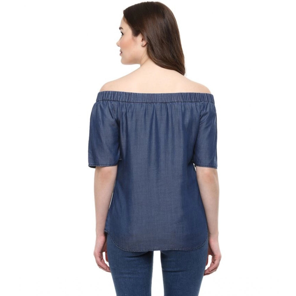 Clothiq Generic Denim Solid Short Sleeve Regular Top (Blue)