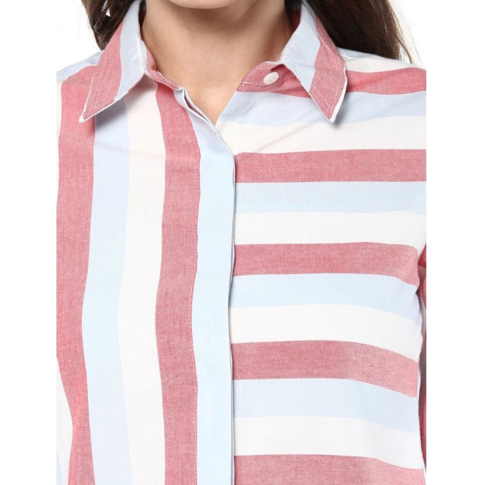 Clothiq Generic Cotton Striped Roll Up Sleeve Regular Top (Red)