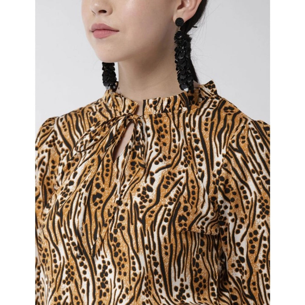 Clothiq Generic Polyester Printed Bell Sleeve Top (Orange - Black)