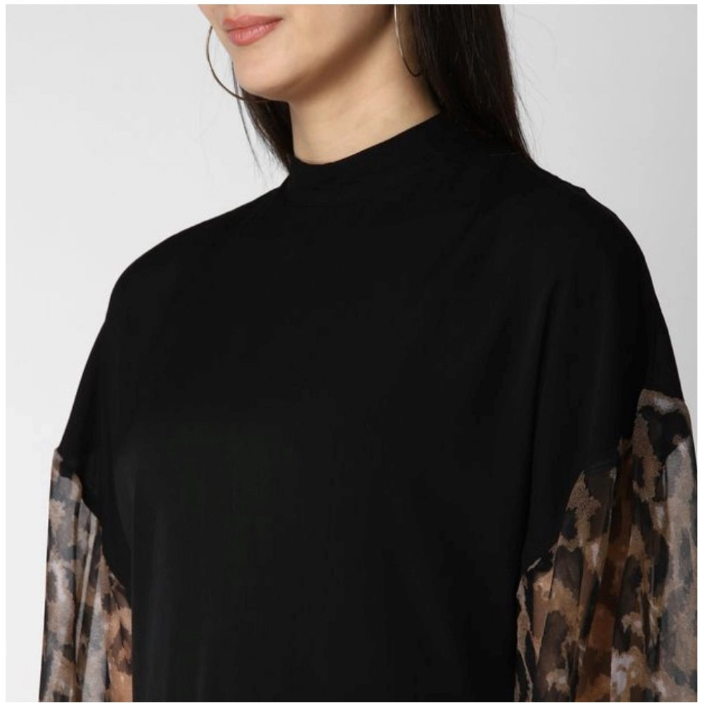 Clothiq Generic Polyester Animal Print Long Sleeves Top (Black)