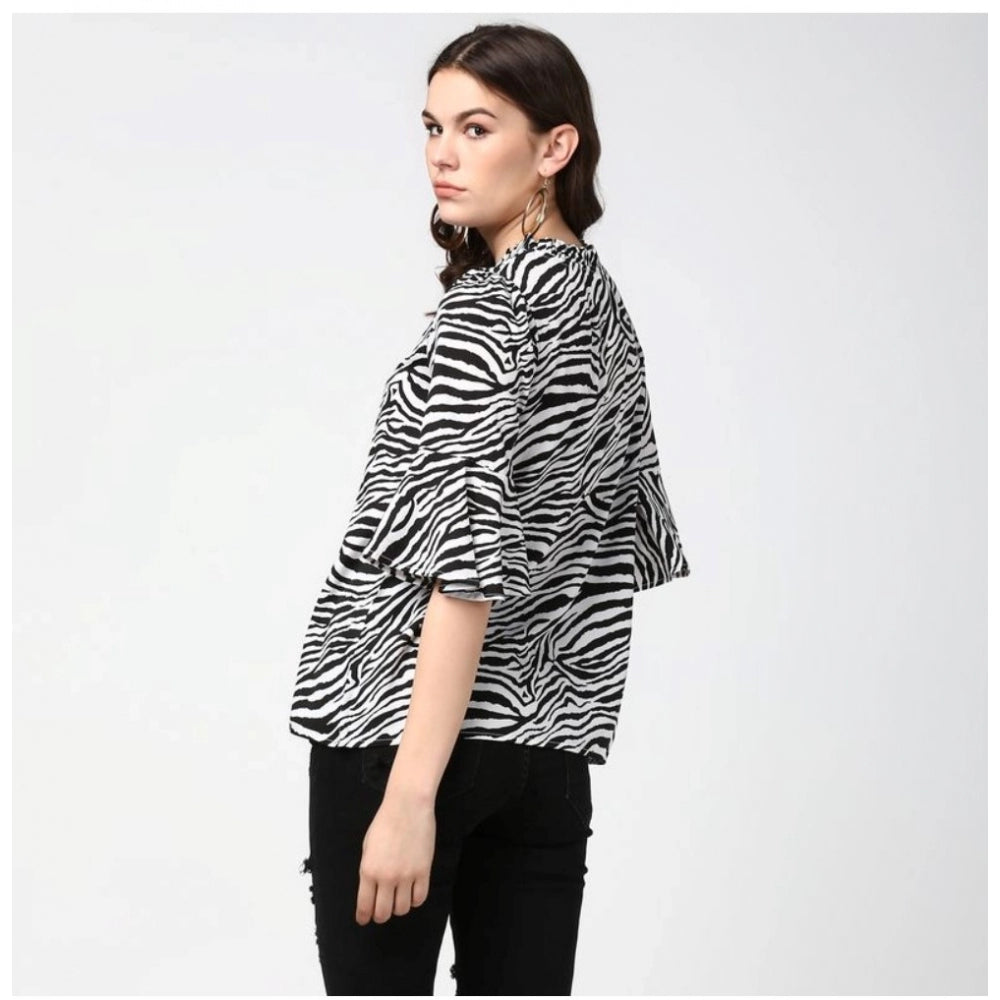 Clothiq Generic Polyester Animal Print Bell Sleeve Top (Black - White)