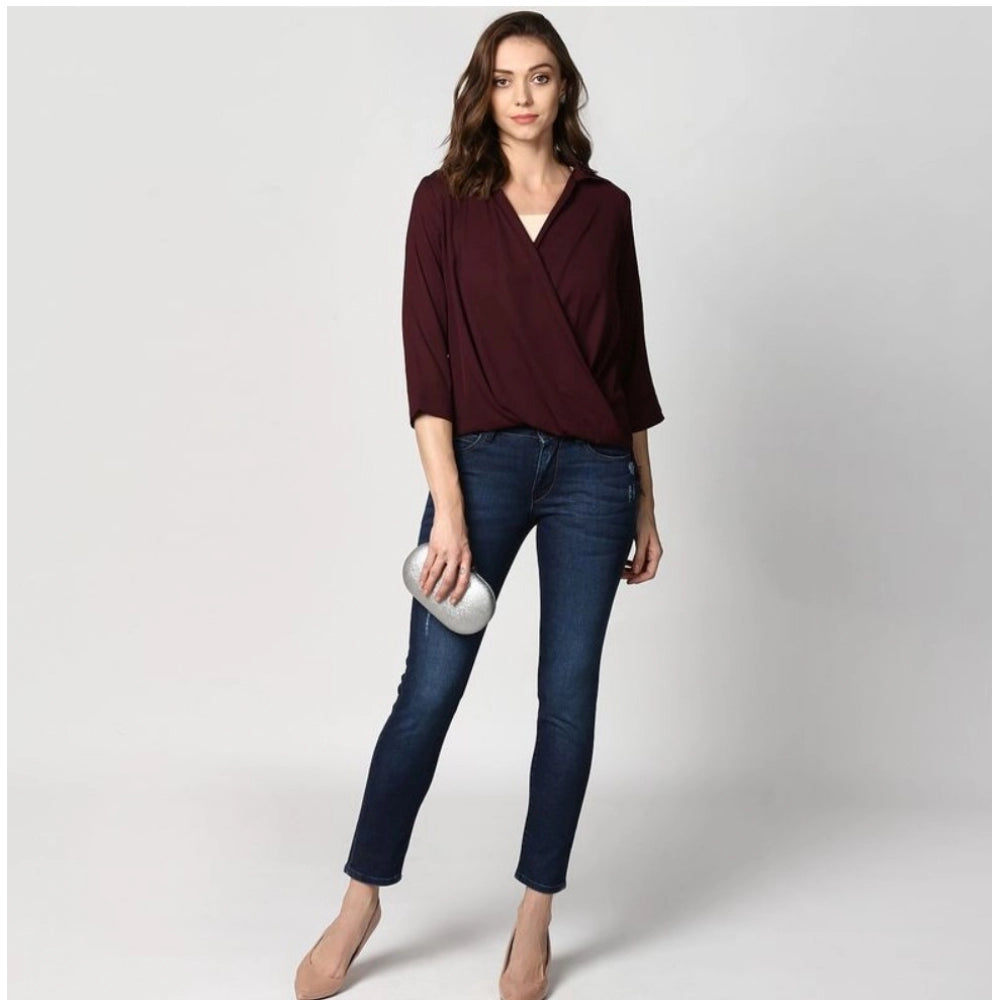 Clothiq Generic Polyester Solid 3-4th Sleeves Top (Maroon)