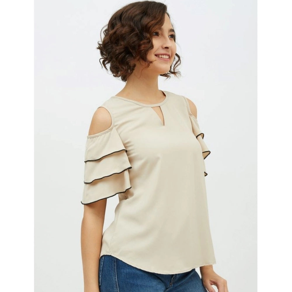 Clothiq Generic Polyester Tiered Cold Shoulder Top (Beige)