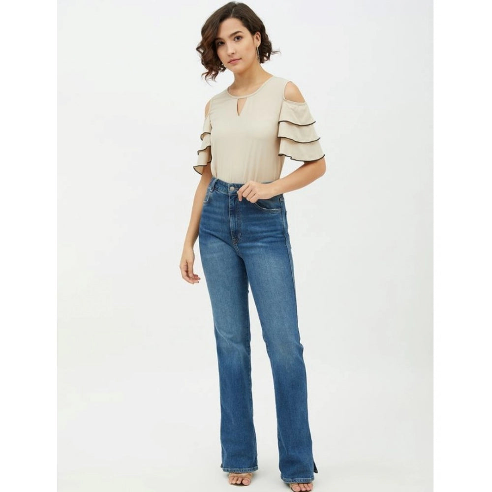 Clothiq Generic Polyester Tiered Cold Shoulder Top (Beige)