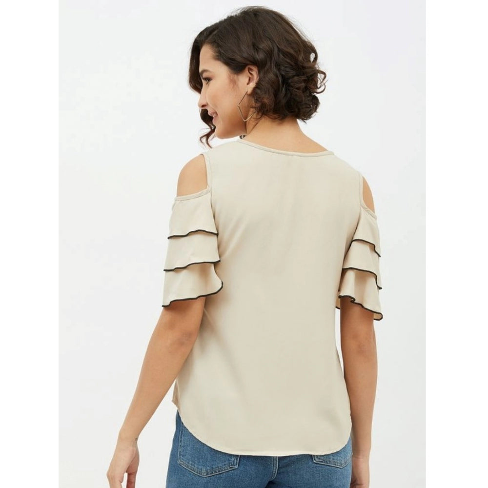 Clothiq Generic Polyester Tiered Cold Shoulder Top (Beige)
