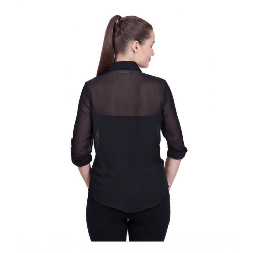 Clothiq Generic Polyester Printed Roll Up Sleeve Standard Length Shirt (Black)