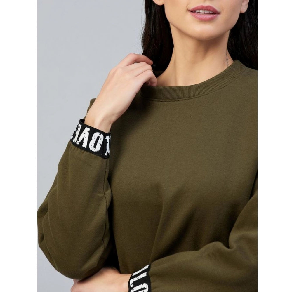 Clothiq Generic Fleece Solid Long Sleeves Sweatshirt (Olive)
