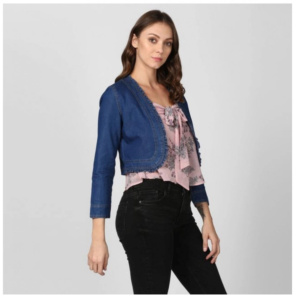 Clothiq Generic Denim Ruffled Long Sleeves Shrug (Navy Blue)