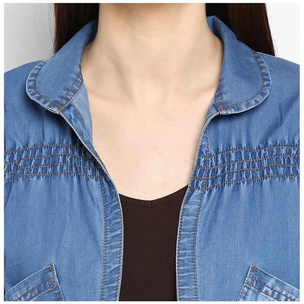 Clothiq Generic Denim Smocking 3-4th Sleeves Shrug (Blue)