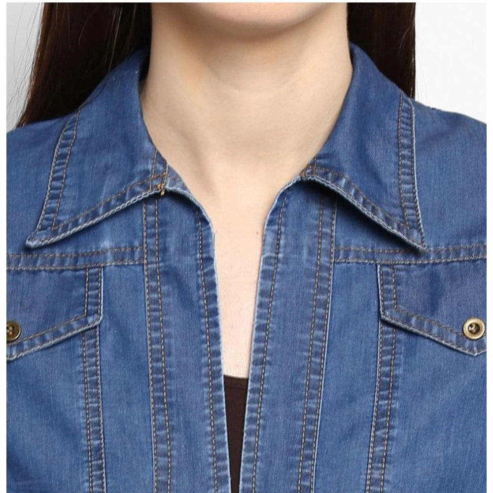 Clothiq Generic Denim Solid 3-4th Sleeves Shrug (Blue)